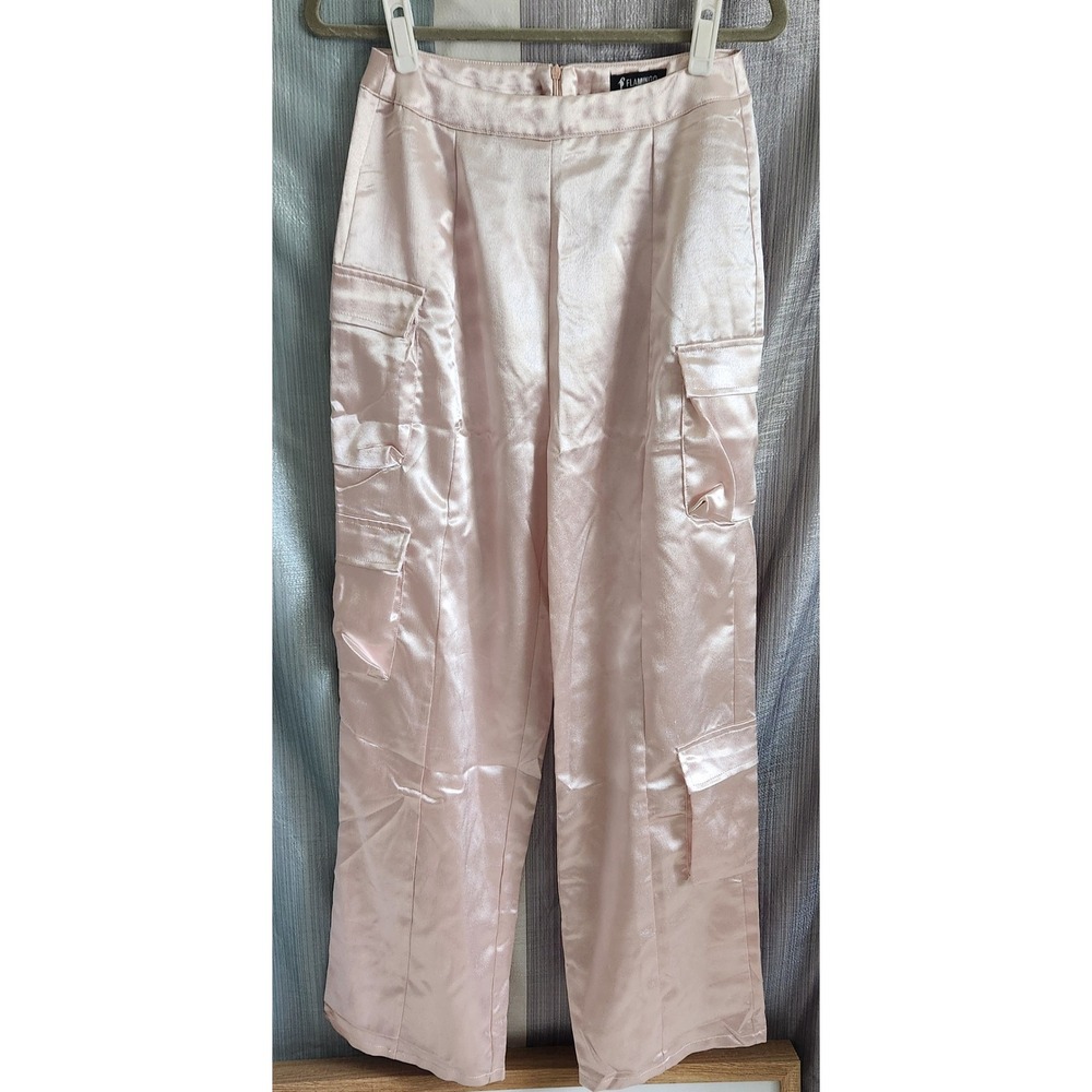 Flamingo Women‎ Pastel Pink Satin High Waisted Cargo Pants Shimmer Trousers Sz S